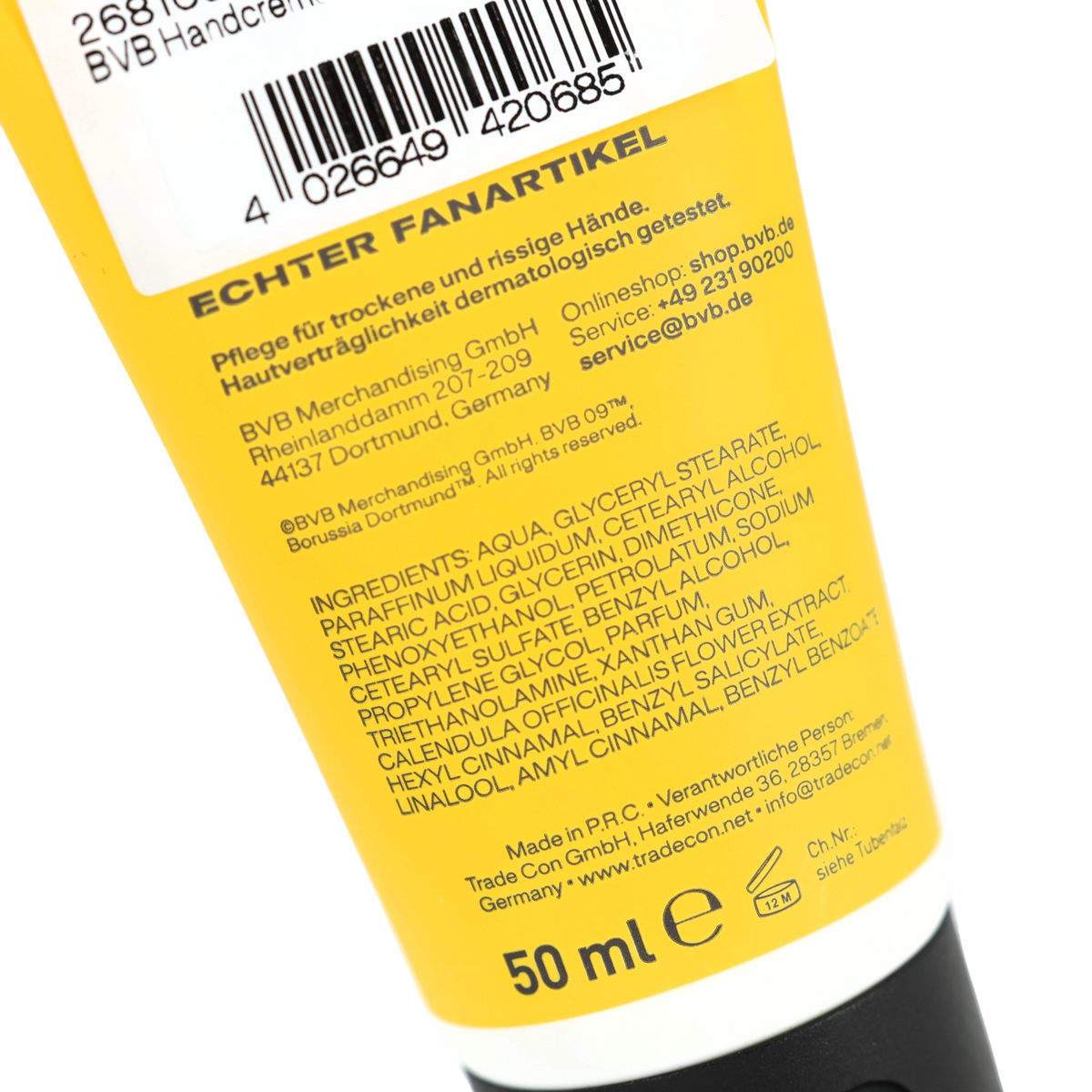 The BVB "Lieblingsmensch" Hand Cream is a fan merchandise item featuring a black-and-yellow design, ideal for dry and chapped skin, dermatologically tested, and comes in a 50 ml container.