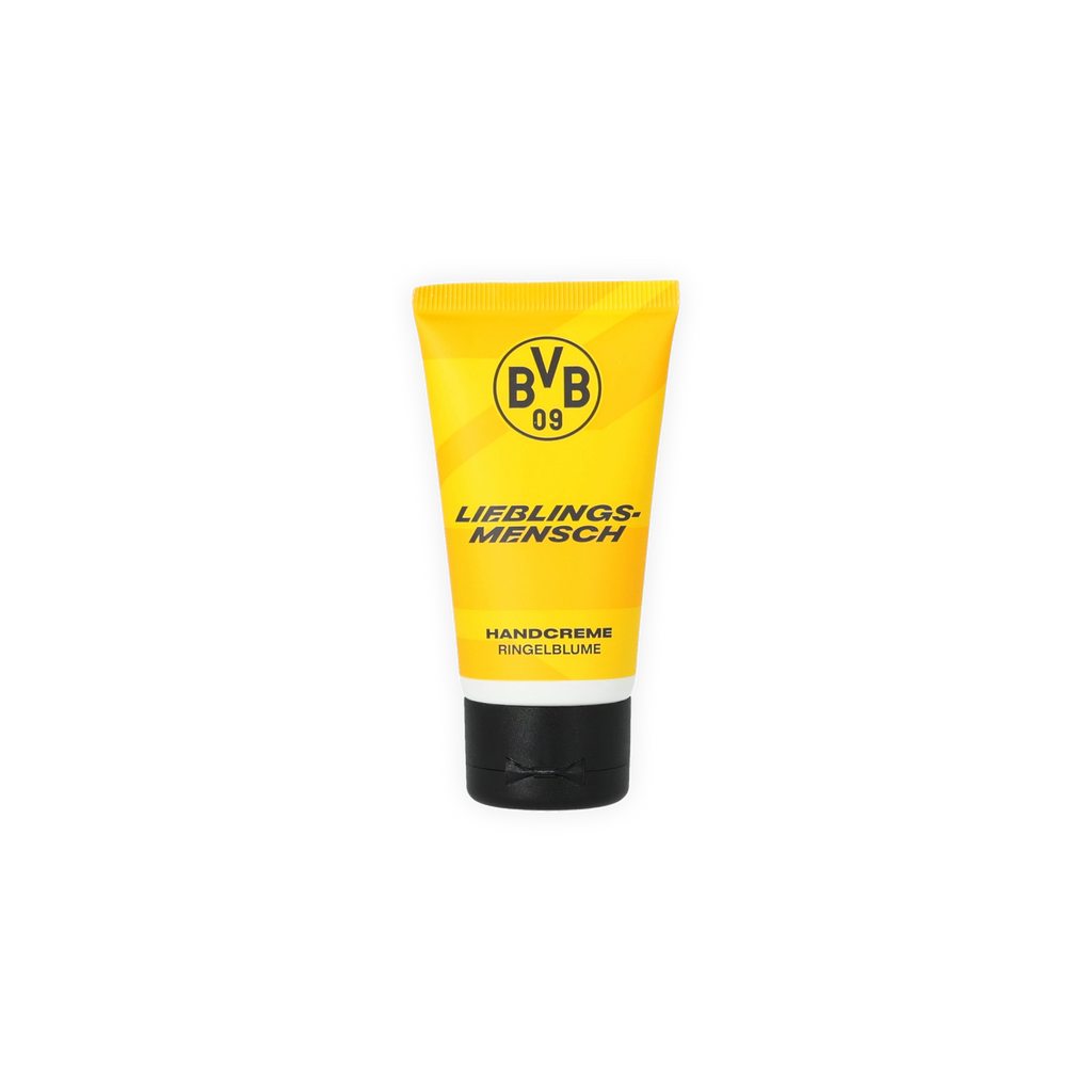 The BVB "Lieblingsmensch" hand cream with a calendula scent, featuring a black-and-yellow design, conveniently packaged in a tube—perfect for fans and for hand care.