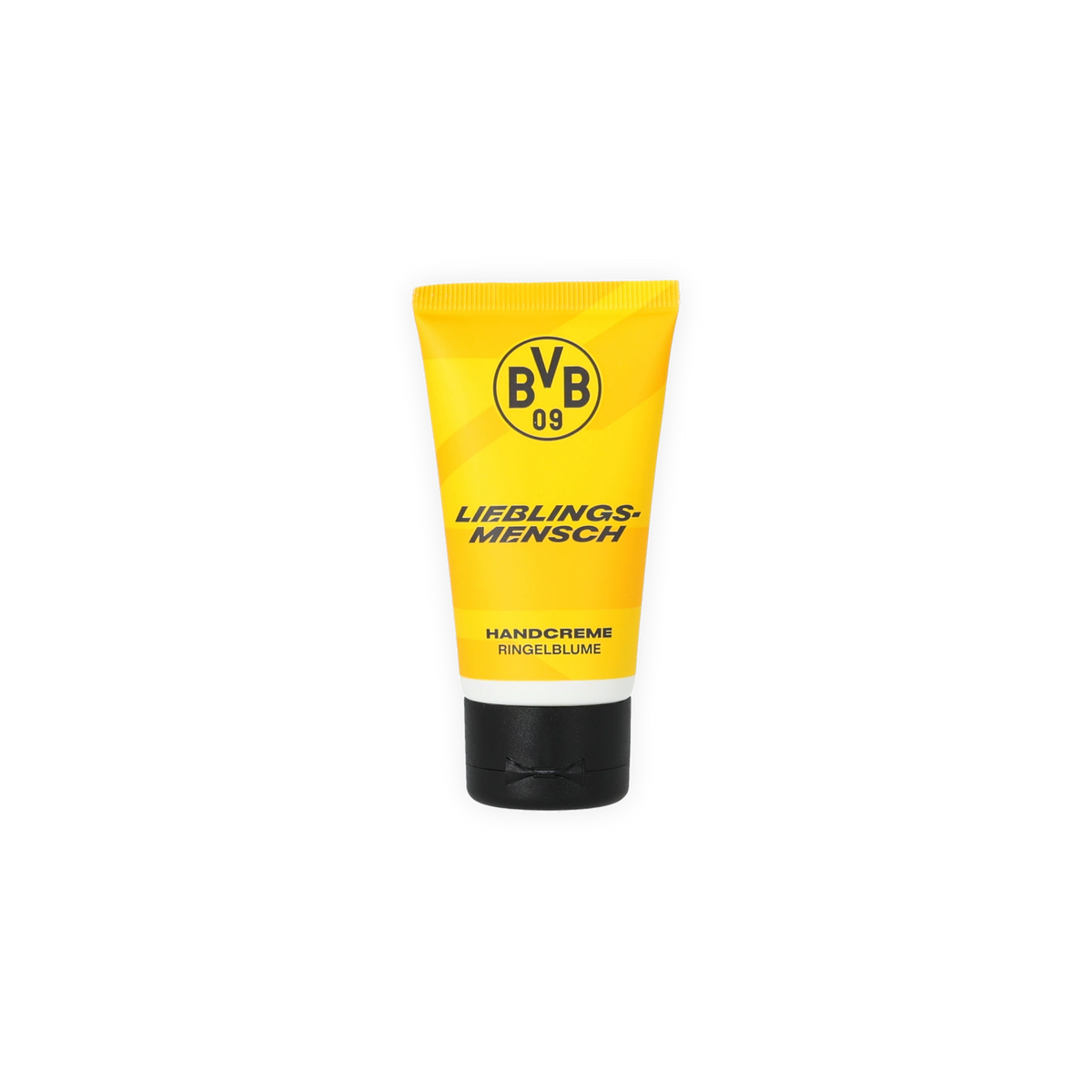 La crema de manos del BVB «Lieblingsmensch», con aroma a caléndula y diseño en negro y amarillo, presentada en un práctico tubo, ideal para los aficionados y para el cuidado de las manos.