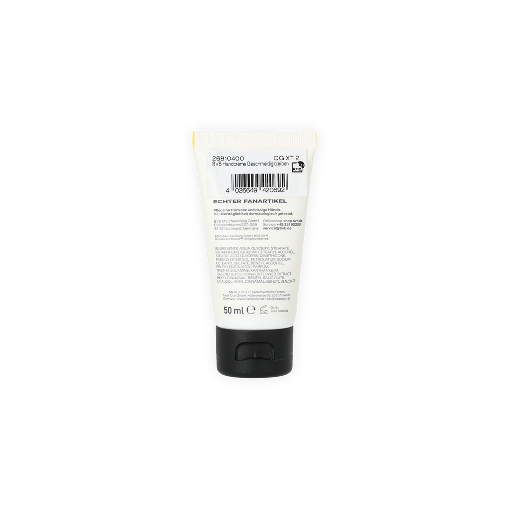 Rückansicht der BVB-Handcreme in einer 50 ml Tube mit Produktinformationen.