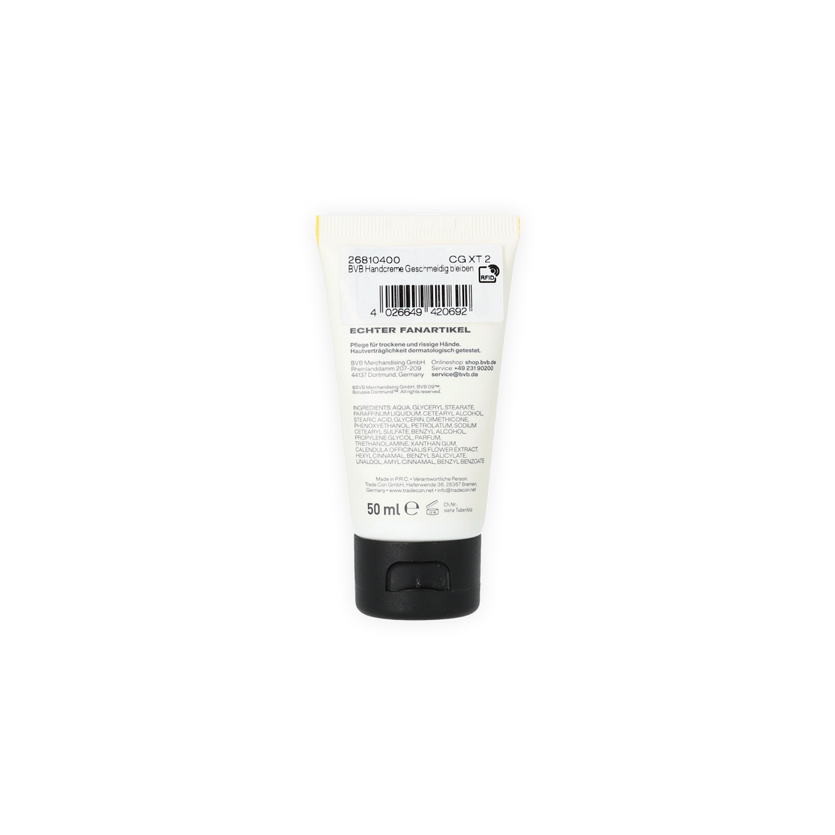 Rückansicht der BVB-Handcreme in einer 50 ml Tube mit Produktinformationen.