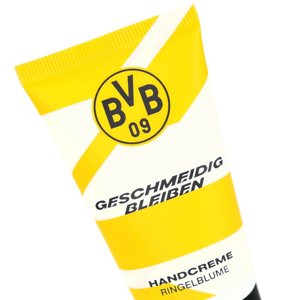 Nourishing BVB hand cream in a black-and-yellow design with calendula extract and the phrase "Stay supple."
