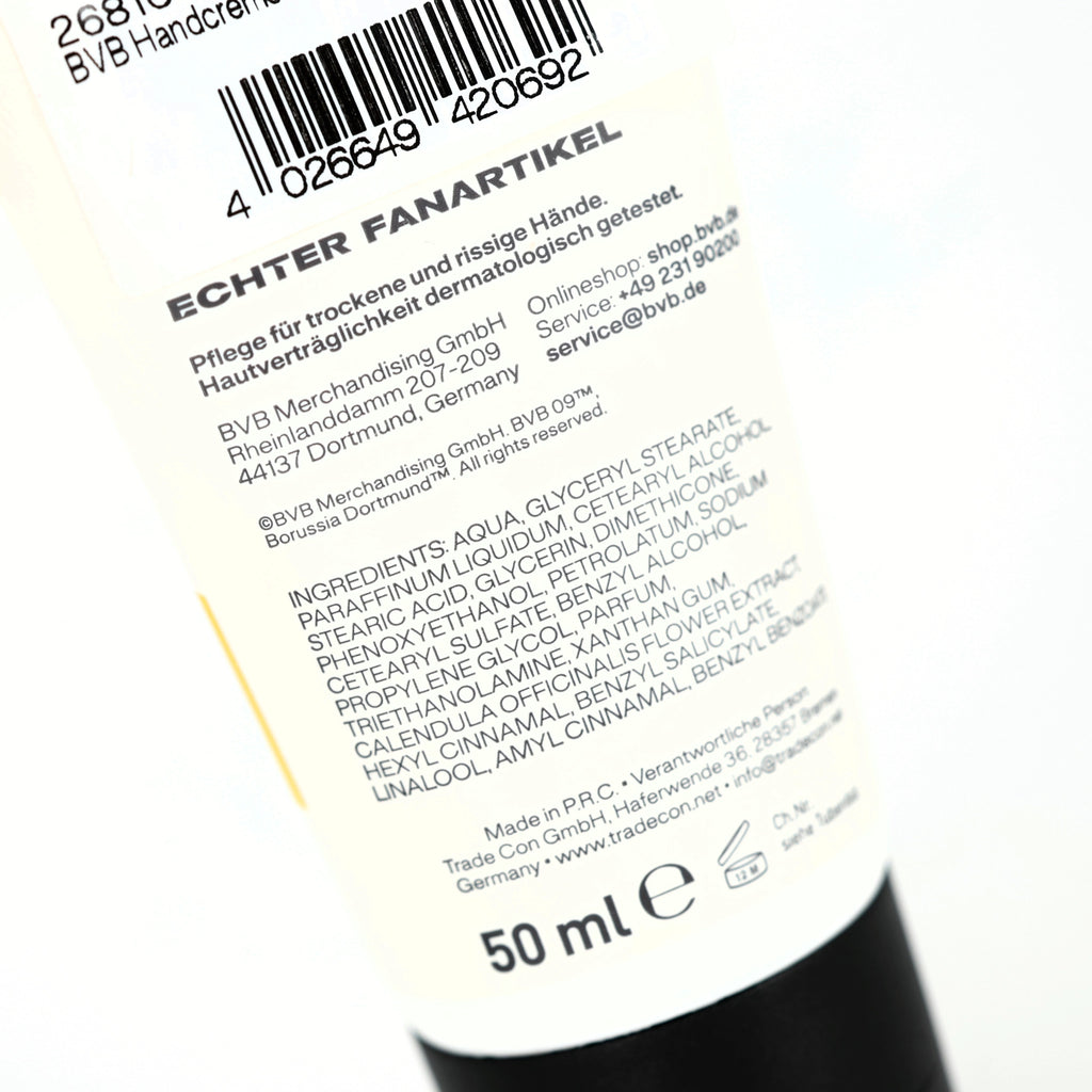 BVB Hand Cream for soft and well-cared-for hands, 50 ml, ideal for Borussia Dortmund fans, with nourishing ingredients and dermatologically tested.