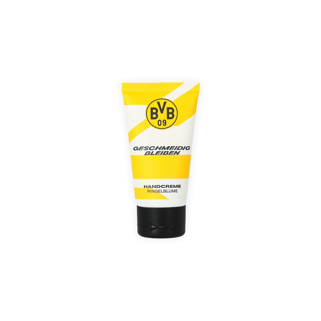 Hand cream in Borussia Dortmund's black-and-yellow design, with a marigold scent, the BVB logo, and the phrase "Stay Smooth."