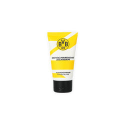 Handcreme im schwarzgelben Design von Borussia Dortmund mit Ringelblumenduft, BVB-Logo und dem Schriftzug 'Geschmeidig bleiben'.