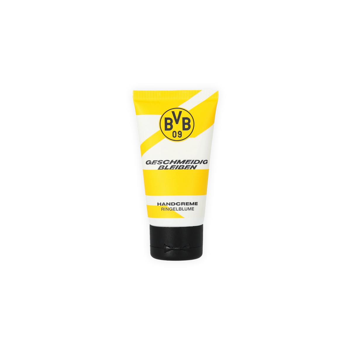 Crema de manos con el diseño en negro y amarillo del Borussia Dortmund, con aroma a caléndula, el logotipo del BVB y la frase «Mantente suave».
