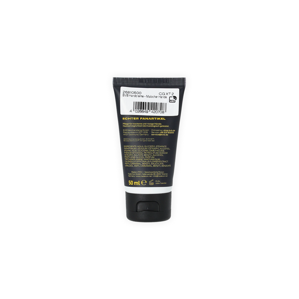 Parte trasera de una crema de manos del BVB en color negro y amarillo, en un tubo de 50 ml, indicada para el cuidado de las manos secas; artículo oficial de la marca del Borussia Dortmund.