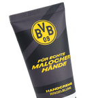 Tubo negro de crema de manos del BVB con el logotipo amarillo del BVB y las inscripciones «Para manos de auténticos trabajadores» y «Crema de manos de caléndula».