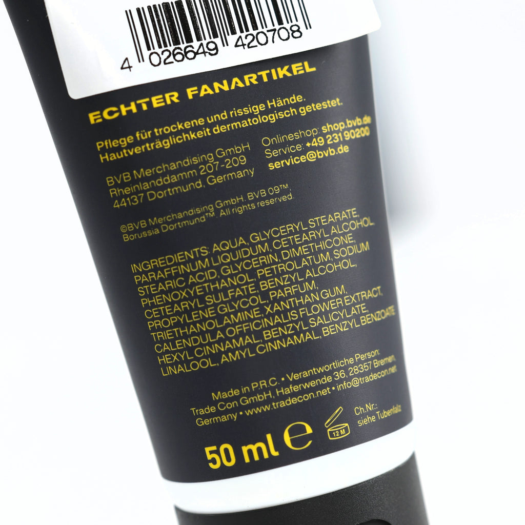 Crema de manos del BVB «Mano de trabajador» en tubo negro de 50 ml con texto en amarillo, indicada para el cuidado de las manos secas y agrietadas.