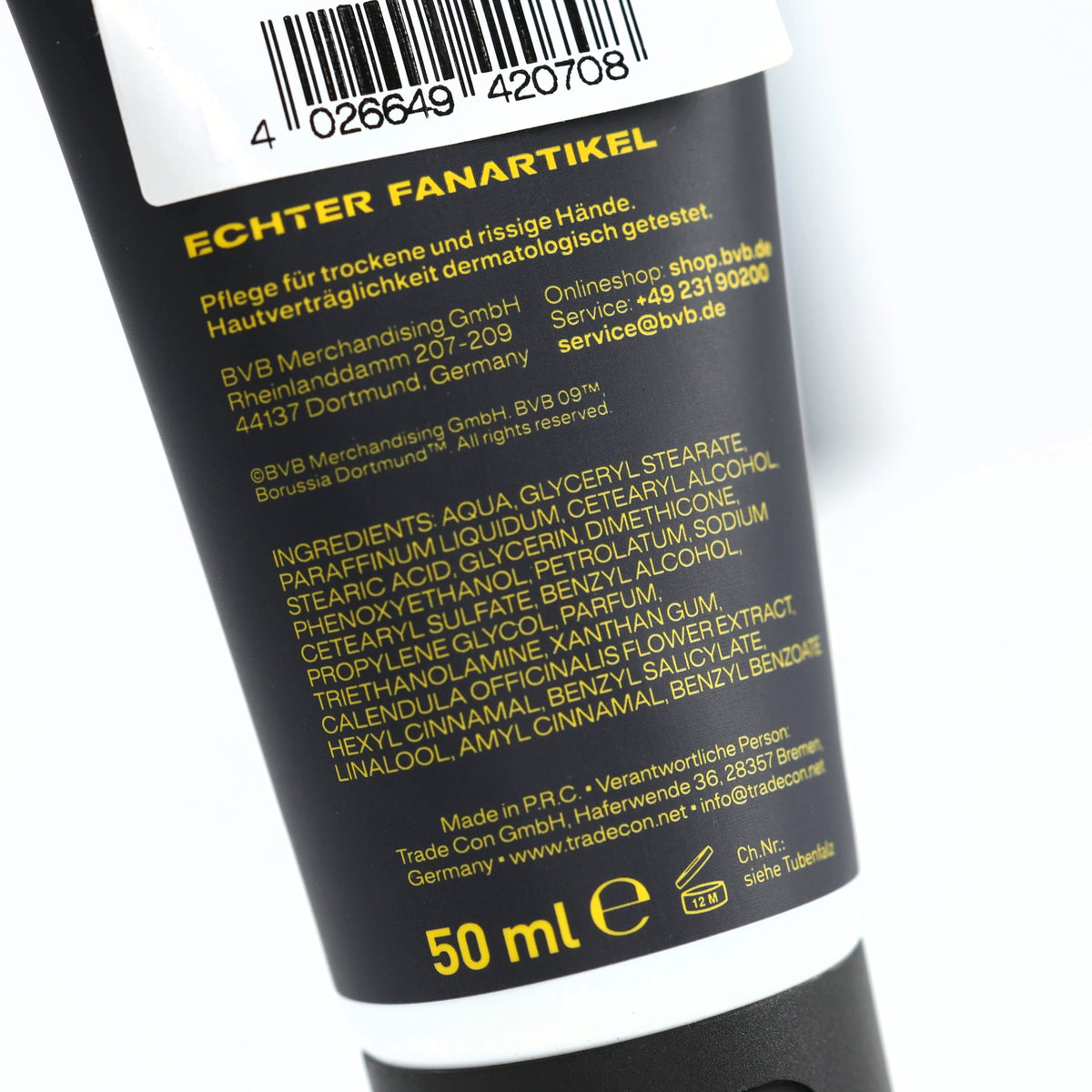 Crema de manos del BVB «Mano de trabajador» en tubo negro de 50 ml con texto en amarillo, indicada para el cuidado de las manos secas y agrietadas.