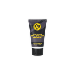 Tube noir orné du logo BVB 09 et de l'inscription « Pour les mains des vrais travailleurs », crème pour les mains à l'extrait de calendula, idéale pour le soin des mains et destinée aux supporters du Borussia Dortmund.