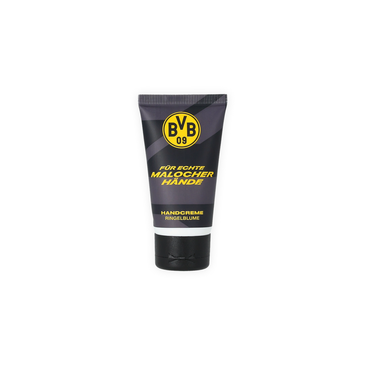 Tubo negro con el logotipo del BVB 09 y la inscripción «Para manos de auténticos trabajadores», crema de manos con extracto de caléndula, ideal para el cuidado de las manos y para los aficionados del Borussia Dortmund.