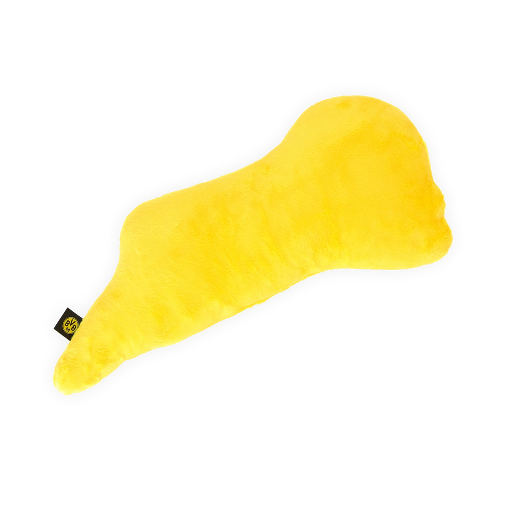 Gelbes Borussia Dortmund Kissen in Form des Maskottchens EMMA beim Schlafen, mit schwarzem Etikett und BVB-Logo, ideal als Fanartikel oder Schlafkissen.