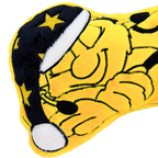 Schwarzgelbes BVB-Kissen in Form des schlafenden Maskottchens EMMA mit weicher Oberflächenstruktur und illustriertem Design.