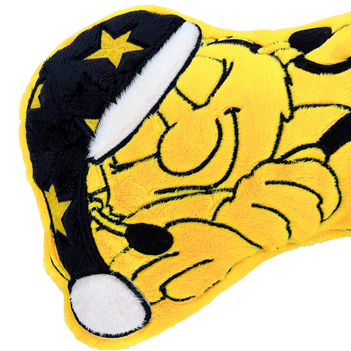 Schwarzgelbes BVB-Kissen in Form des schlafenden Maskottchens EMMA mit weicher Oberflächenstruktur und illustriertem Design.