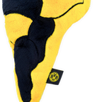 Schwarzgelbes BVB-Plüschkissen in Form des Maskottchens EMMA mit BVB-Logo, ideal für Fans von Borussia Dortmund.