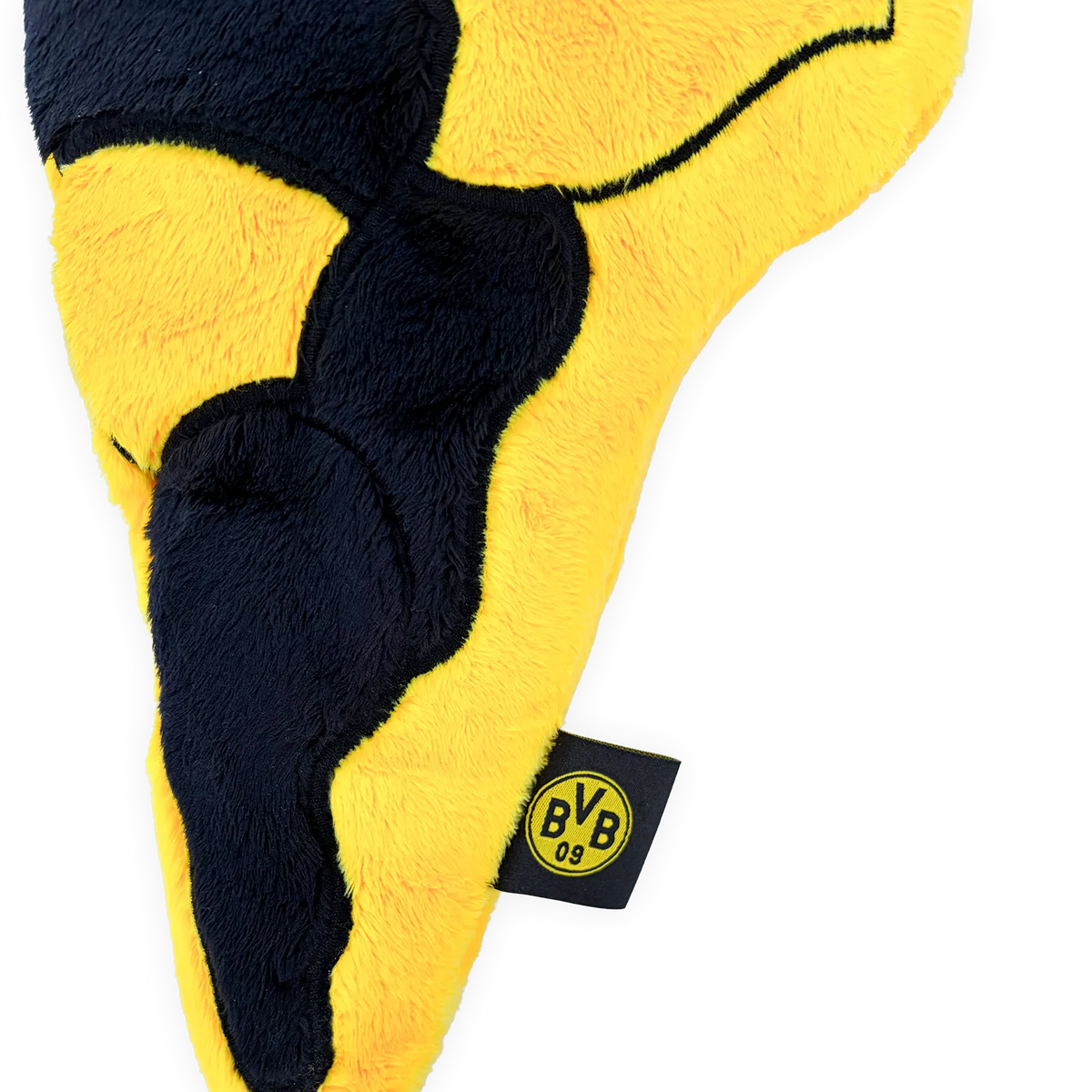 Schwarzgelbes BVB-Plüschkissen in Form des Maskottchens EMMA mit BVB-Logo, ideal für Fans von Borussia Dortmund.