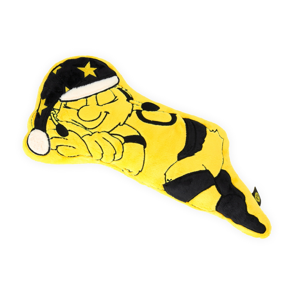 Schwarzgelbes BVB-Kissen mit dem Motiv von Emma, dem schlafenden Maskottchen von Borussia Dortmund, ideal als Fanartikel.