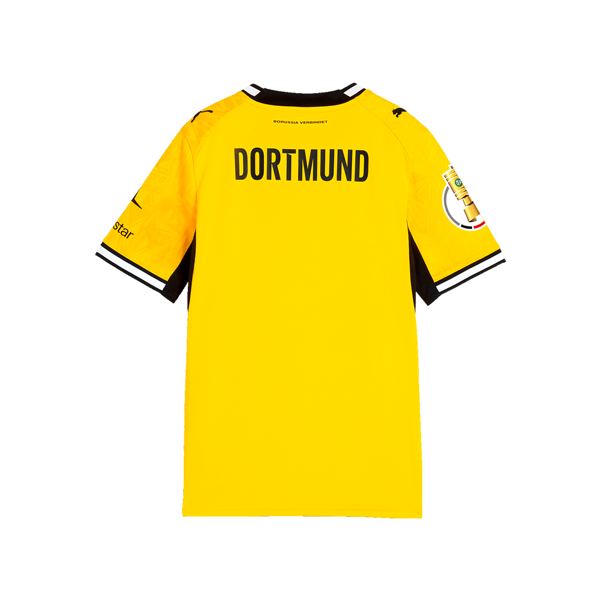La vista trasera de la camiseta local del BVB para la temporada 26-27 para niños muestra el diseño en negro y amarillo con cuello negro y la inscripción «DORTMUND» en la parte superior de la espalda.