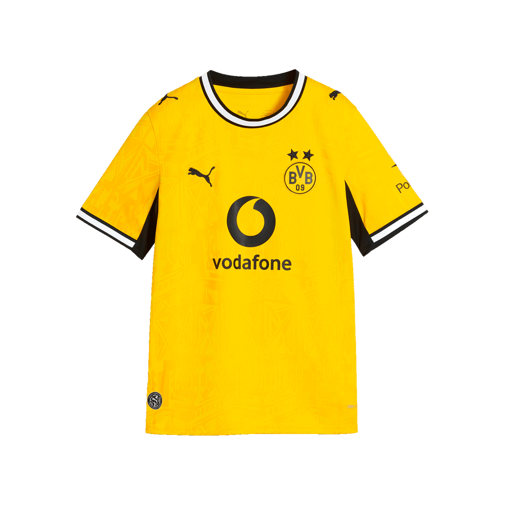 La camiseta de local del BVB de la temporada 26-27 para niños, en la clásica combinación de colores negro y amarillo, con el logotipo de PUMA, el escudo del BVB y el logotipo de Vodafone en la parte delantera.