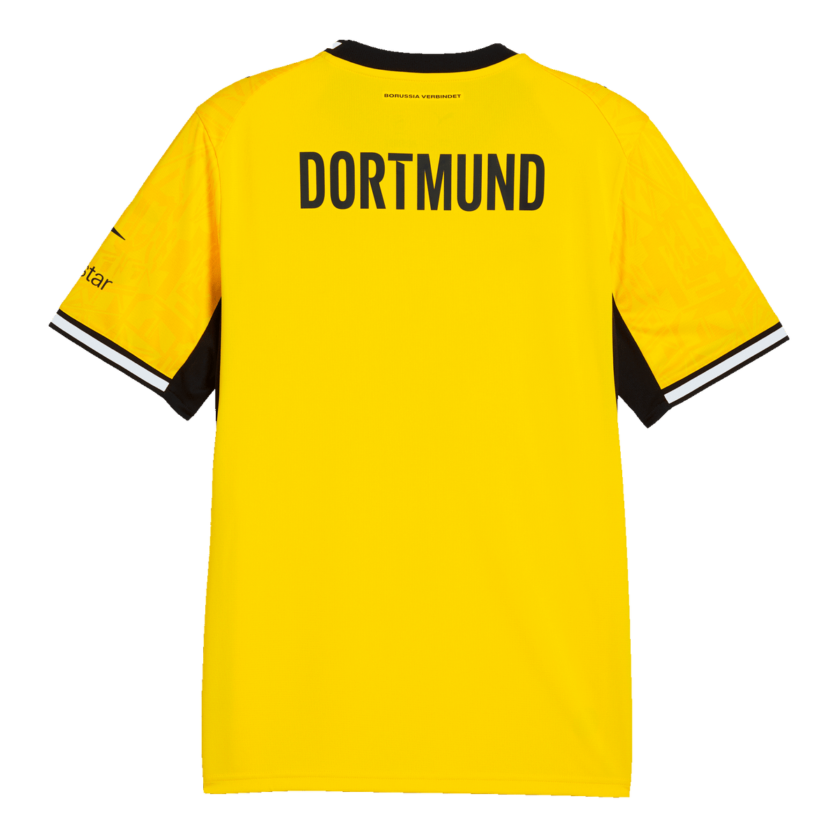 Rückansicht des gelben BVB-Heimtrikots für die Saison 2026/27 mit schwarzem DORTMUND-Schriftzug und schwarzen sowie weißen Details an den Ärmeln.