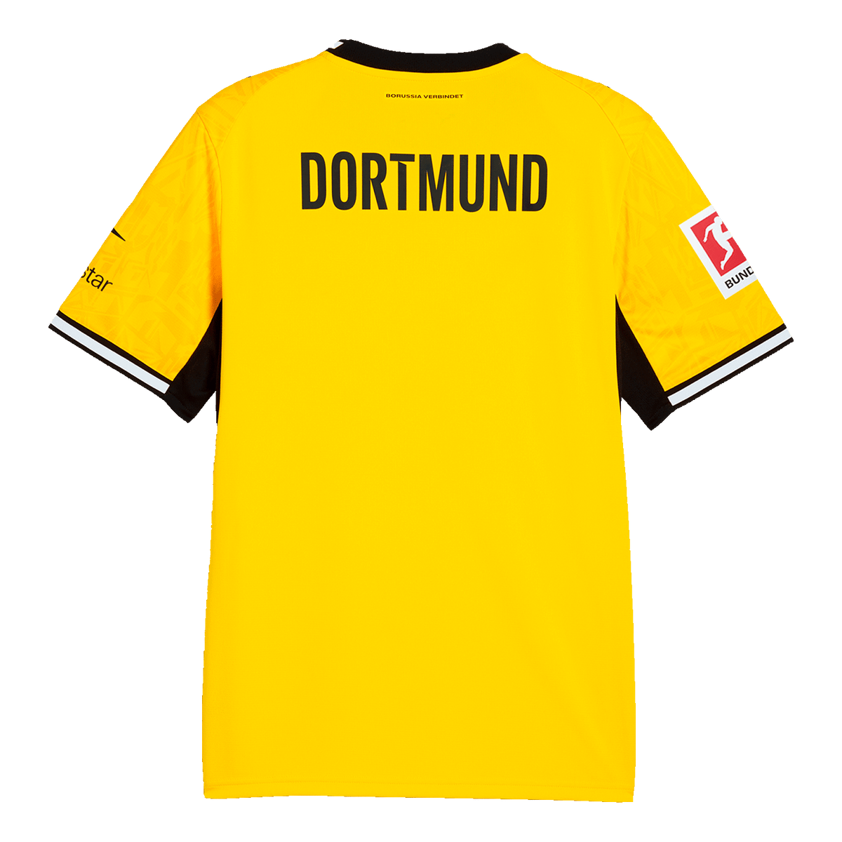 Das BVB-Heimtrikot der Saison 26/27 in gelb mit schwarzem Schriftzug 'DORTMUND' auf der Rückseite, schwarzem Kragen und Bundesliga-Logo auf dem linken Ärmel.