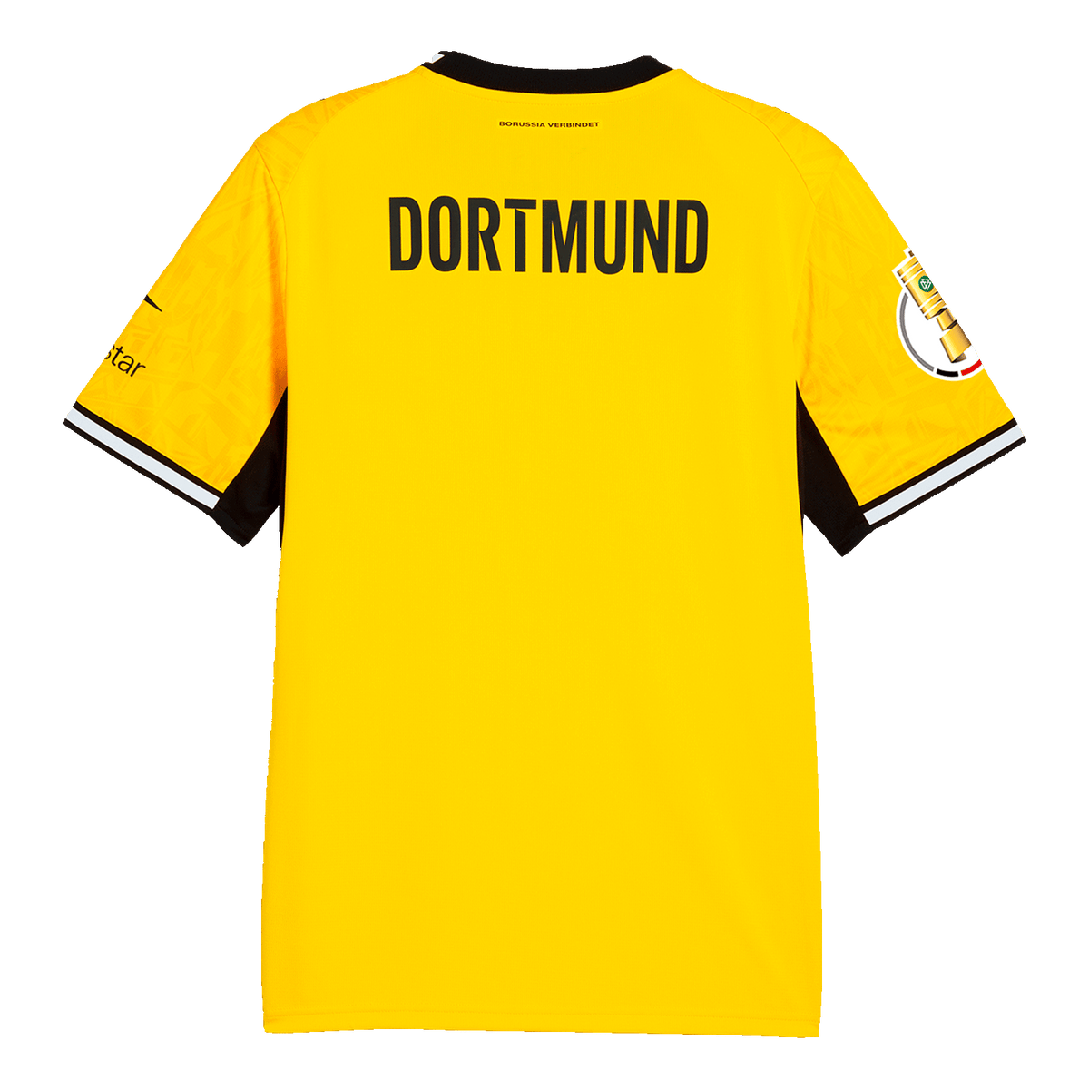 Rückansicht des gelben Heimtrikots von Borussia Dortmund für die Saison 2026/27 mit schwarzem Schriftzug 'Dortmund', schwarzweißen Ärmeln und BVB-typischen Details.