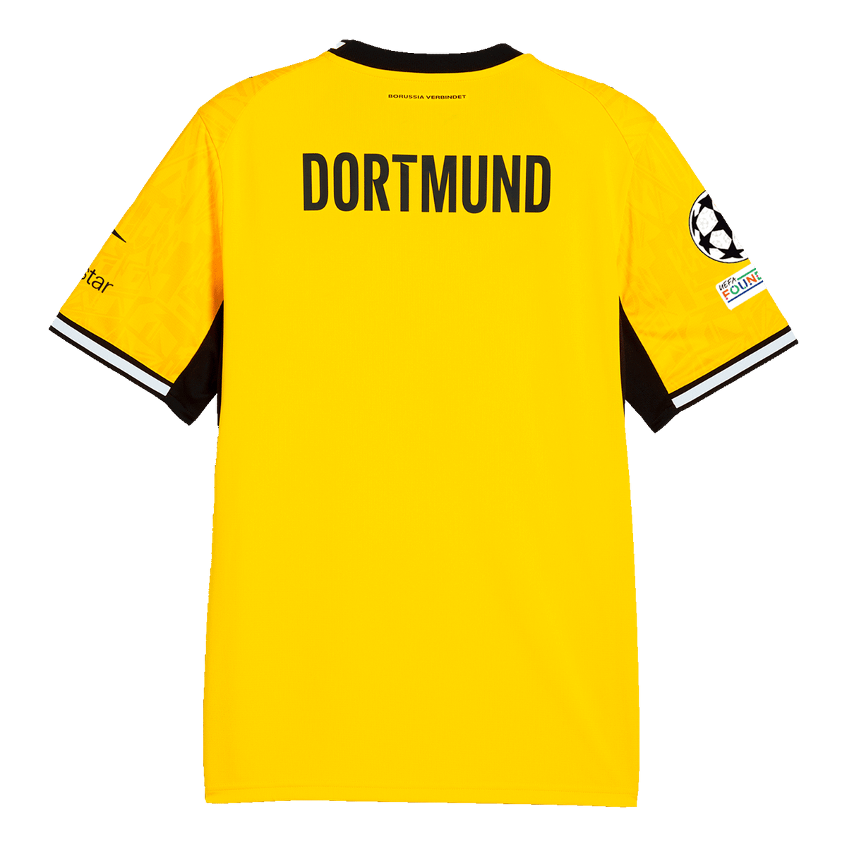 Das Bild zeigt die Rückseite des gelben BVB-Heimtrikots der Saison 2026/2027 mit schwarzem DORTMUND-Schriftzug und UEFA-Badge am Ärmel.