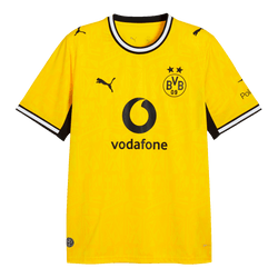 26-27シーズンのBVBの黒と黄色のホームユニフォーム。前面にはVodafoneのロゴ、BVBのエンブレム、Pumaのロゴがあしらわれています。