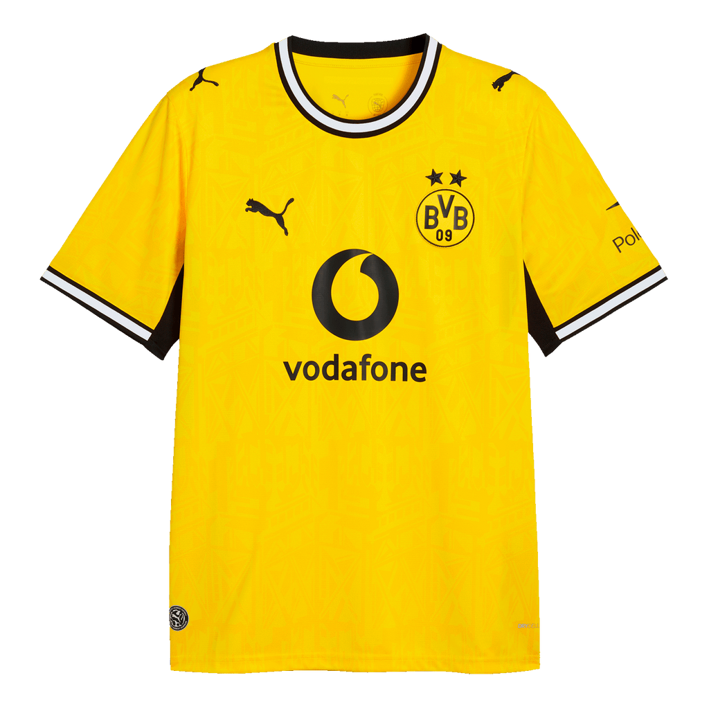 Das schwarzgelbe BVB Heimtrikot der Saison 26-27 mit Vodafone-Logo, BVB-Emblem und Puma-Logo auf der Vorderseite.