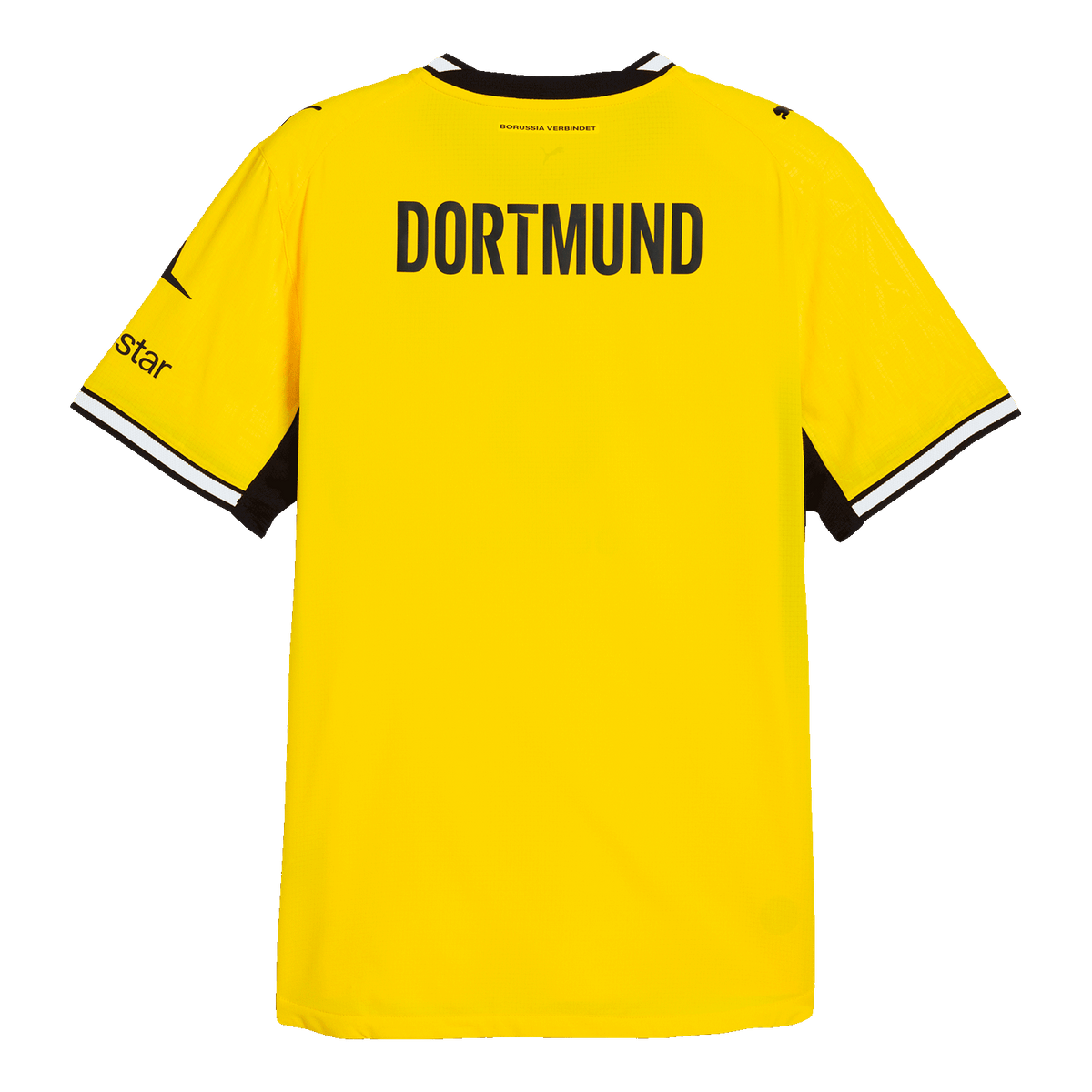 A rear view of the yellow BVB home jersey from the 26-27 Authentic season, featuring "DORTMUND" lettering on the back and black accents.