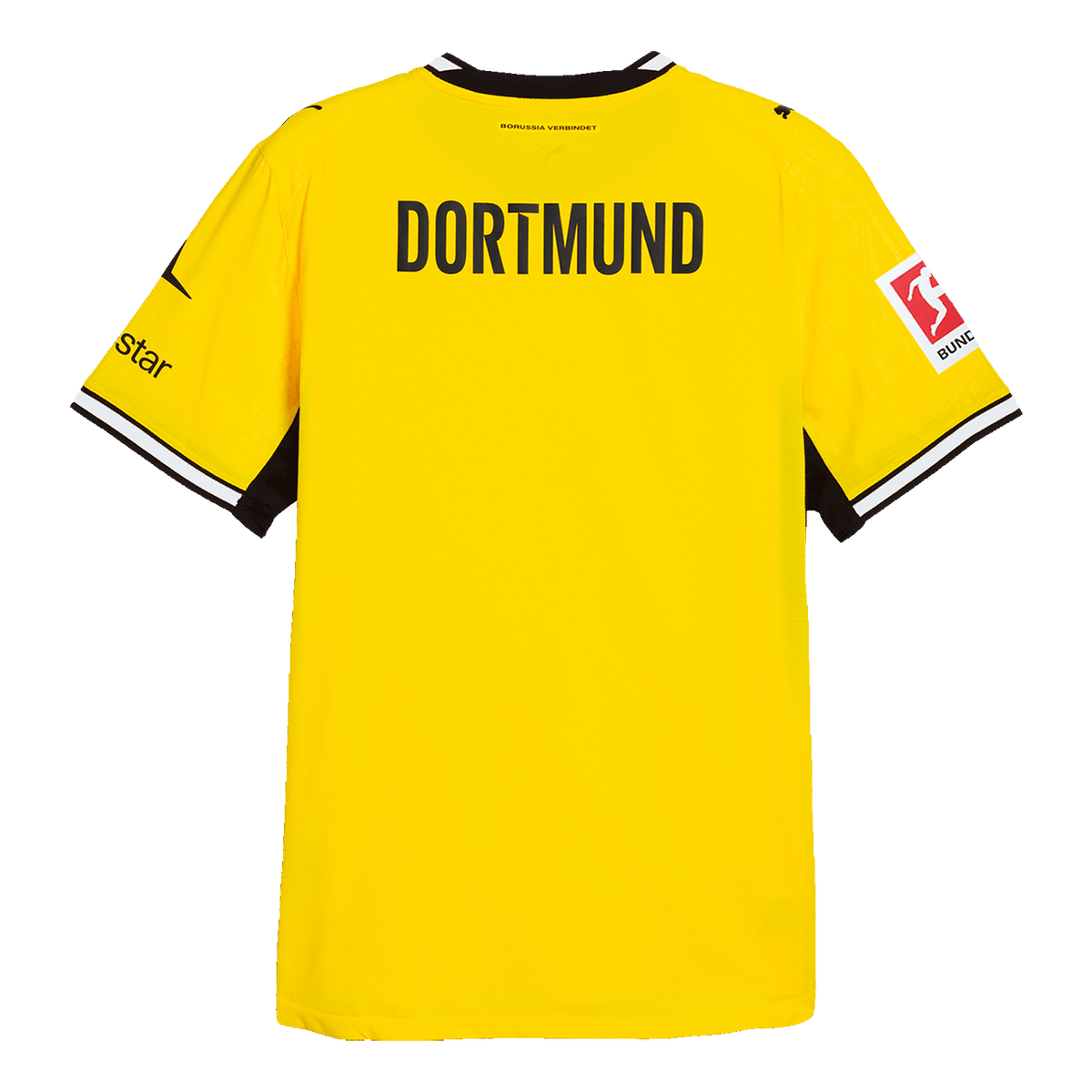 26-27シーズンのBVBホームユニフォーム（オーセンティック）の背面。背中には「DORTMUND」の文字、黒いディテールが施され、右袖にはブンデスリーガのロゴが入っています。
