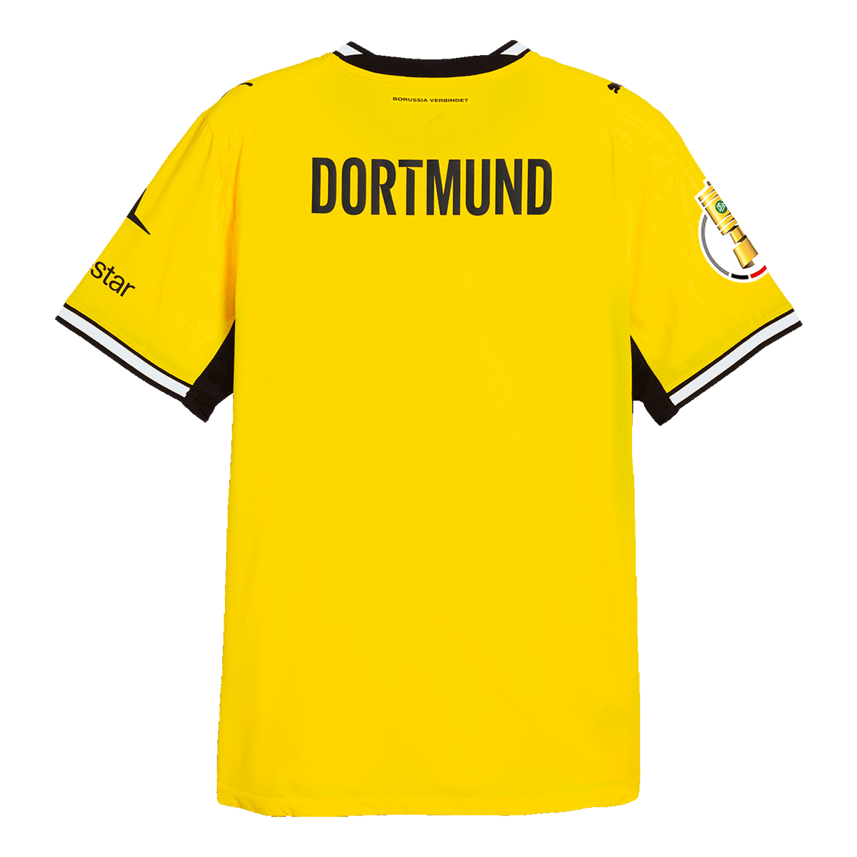 2026/2027シーズンのBVBの黄色いホームユニフォームの背面。黒色の「DORTMUND」の文字、PUMAのロゴ、Polestarのロゴが施されている。袖口は黒と白になっている。