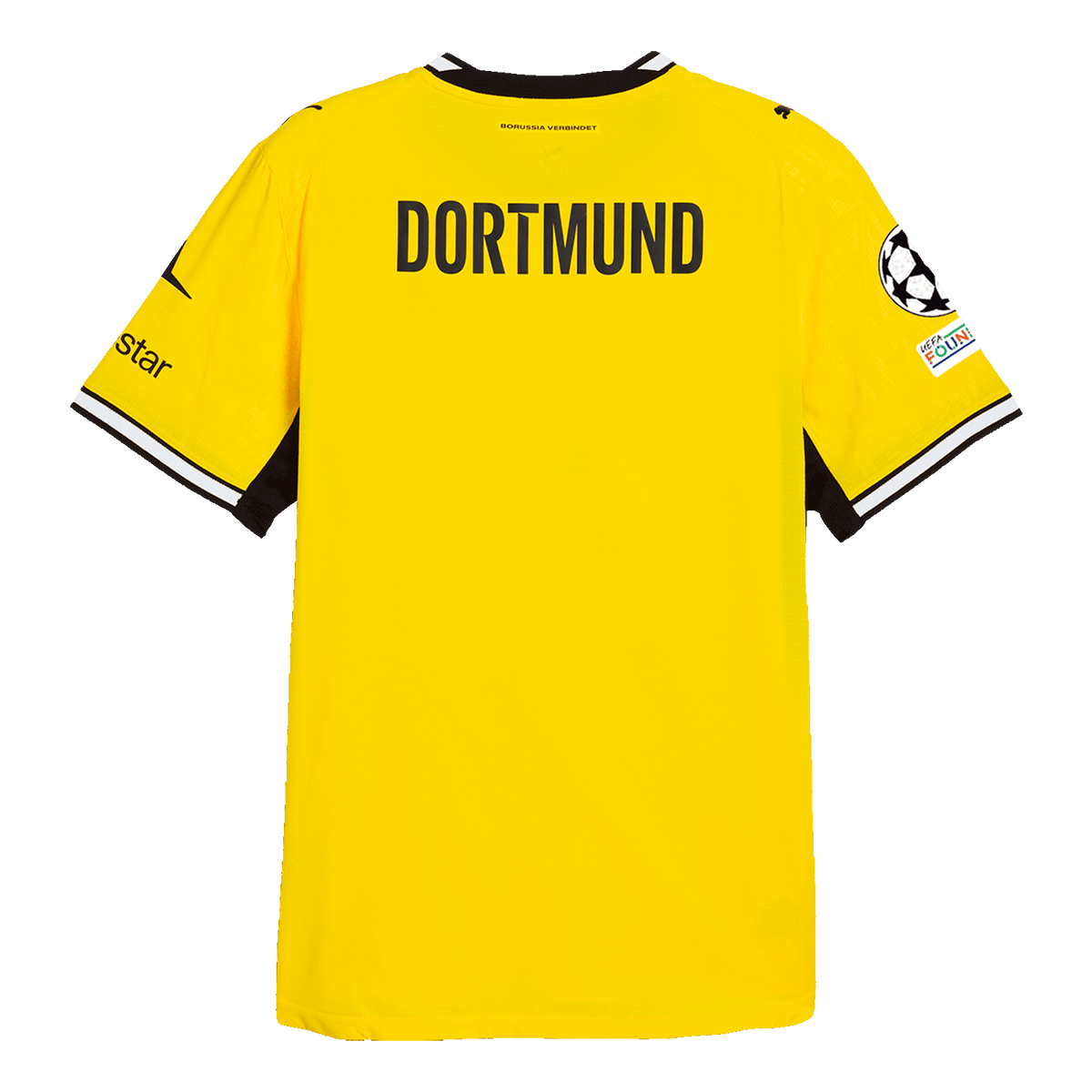 多特蒙德（BVB）26-27赛季Authentic款黑黄主场球衣的背面视图，印有黑色“DORTMUND”字样，右袖饰有Polestar标志，并配有欧足联徽章。