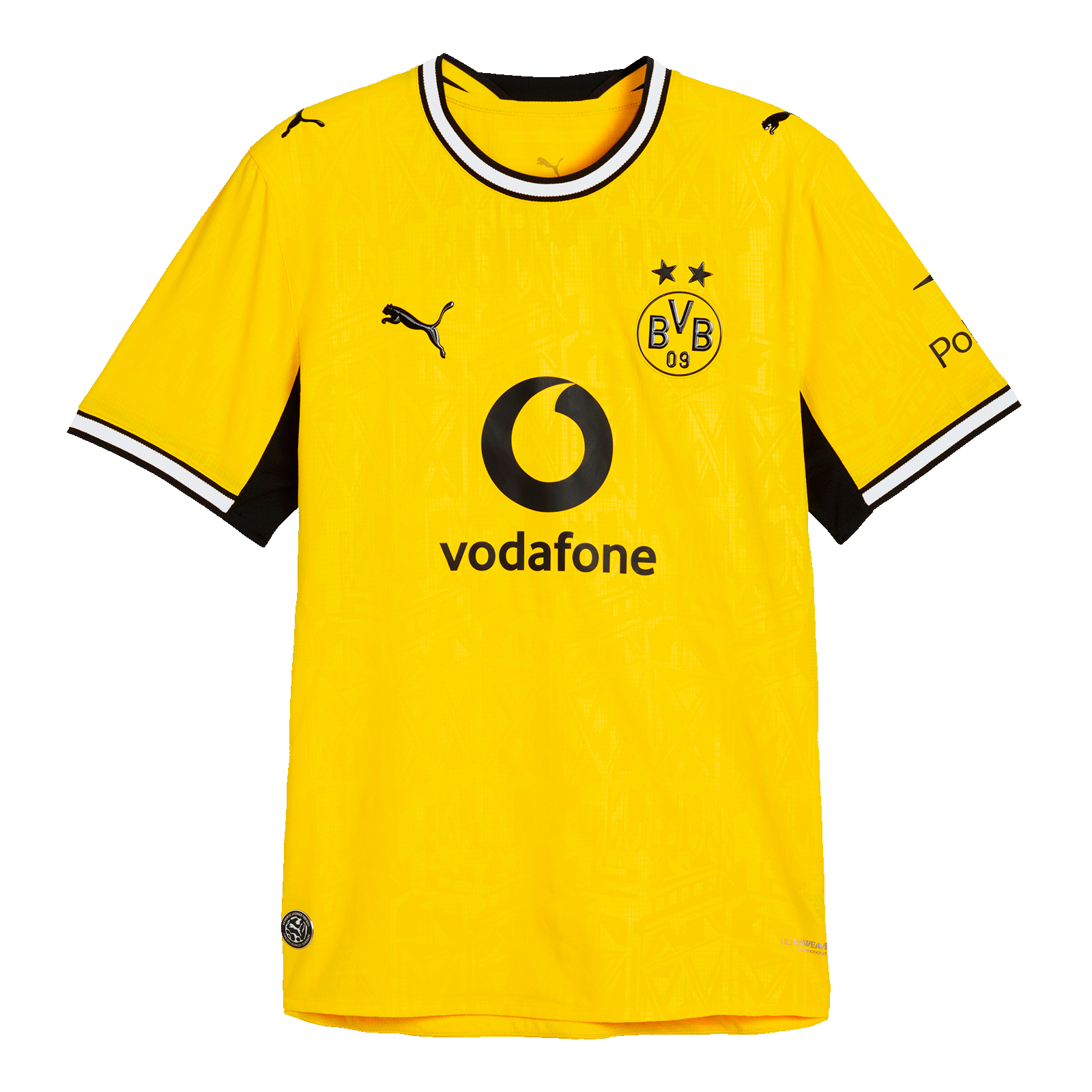BVB-Heimtrikot 26-27 Authentic in schwarzgelb mit PUMA-Logo, BVB-Emblem, Vodafone-Logo und Polestar-Aufdruck, Vorderansicht