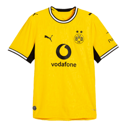 Camiseta de local del BVB 26-27 Authentic en negro y amarillo con el logotipo de PUMA, el escudo del BVB, el logotipo de Vodafone y el estampado de Polestar; vista frontal