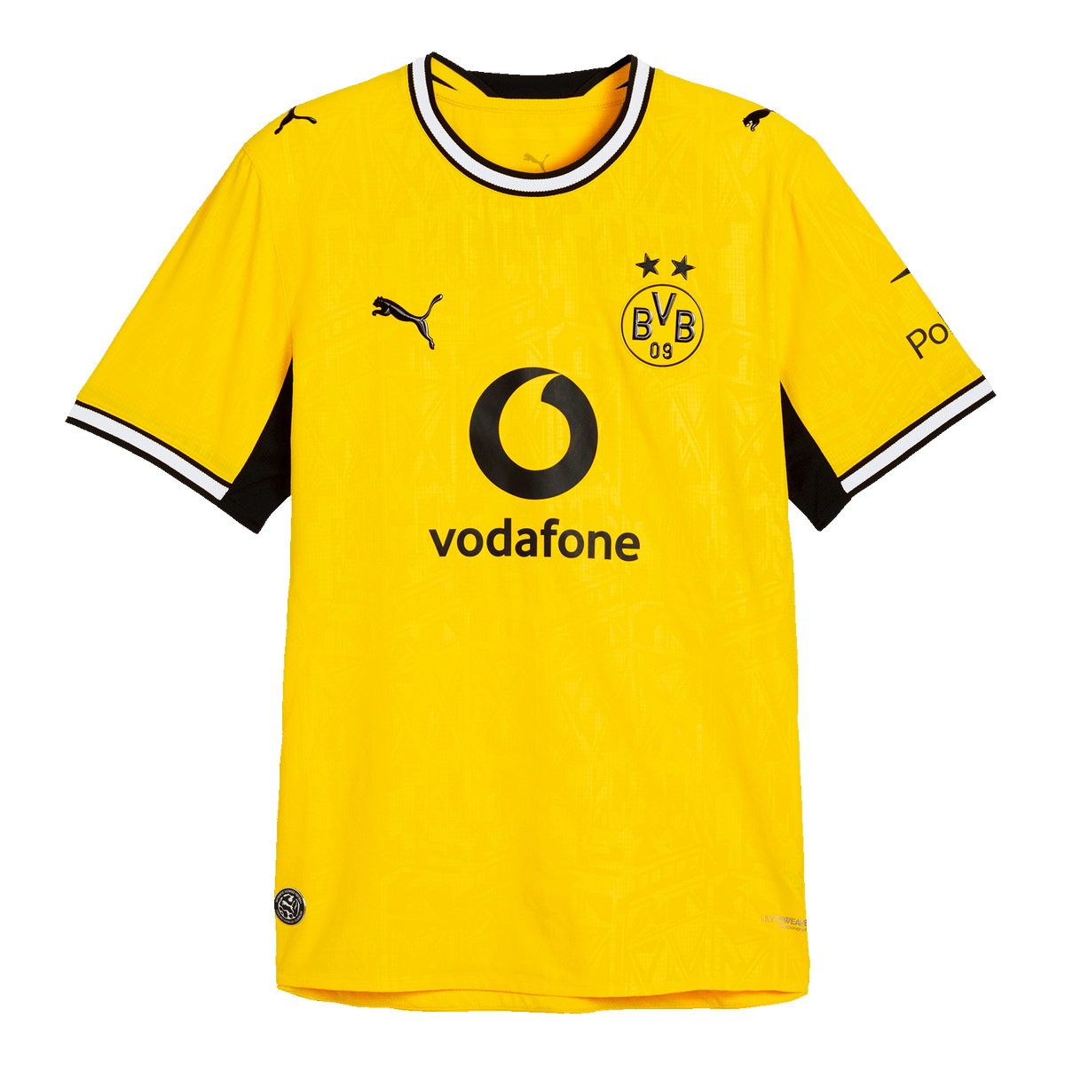 BVB 26-27 Authentic Home Jersey in black and yellow with the PUMA logo, BVB emblem, Vodafone logo, and Polestar print; front view