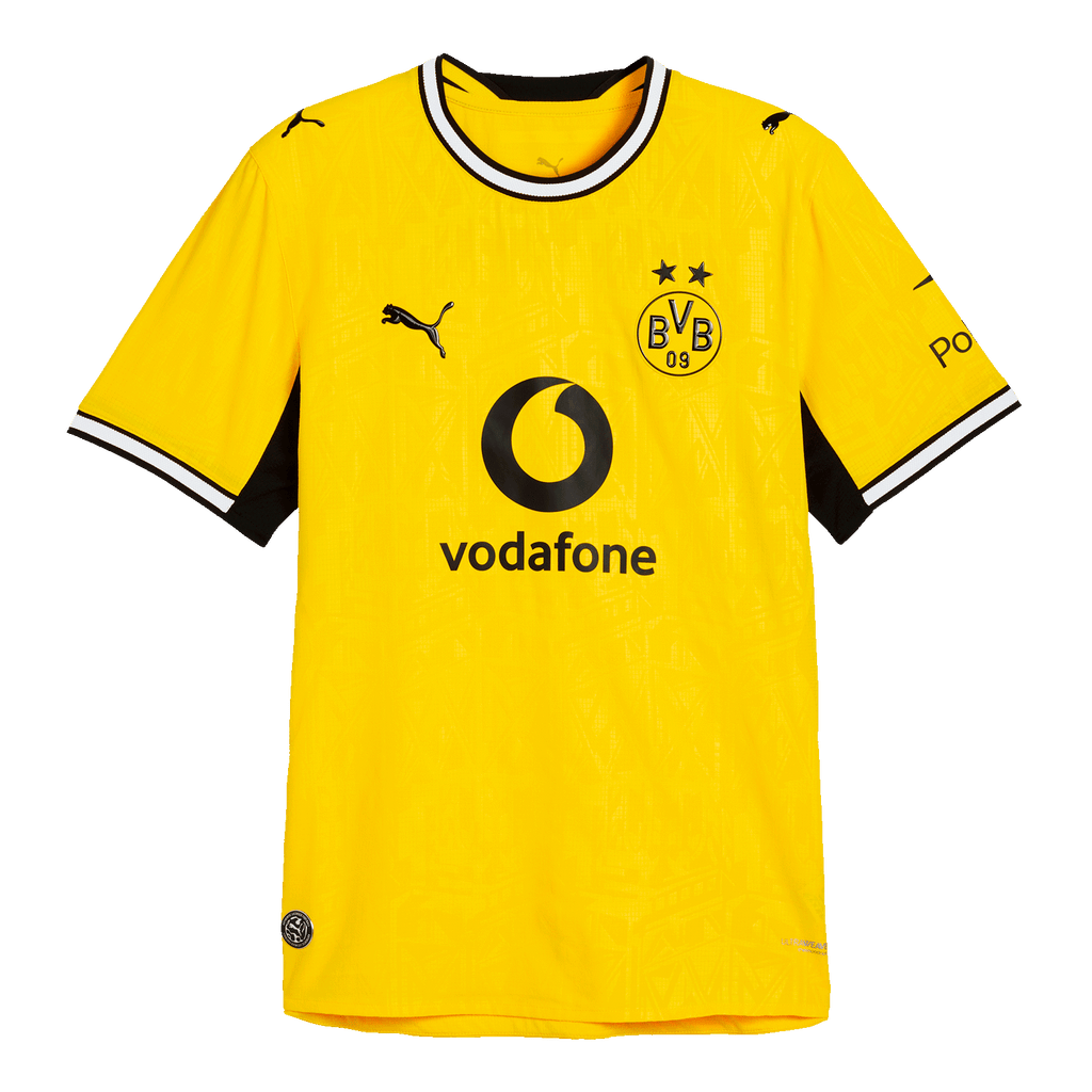 BVB-Heimtrikot 26-27 Authentic in schwarzgelb mit PUMA-Logo, BVB-Emblem, Vodafone-Logo und Polestar-Aufdruck, Vorderansicht