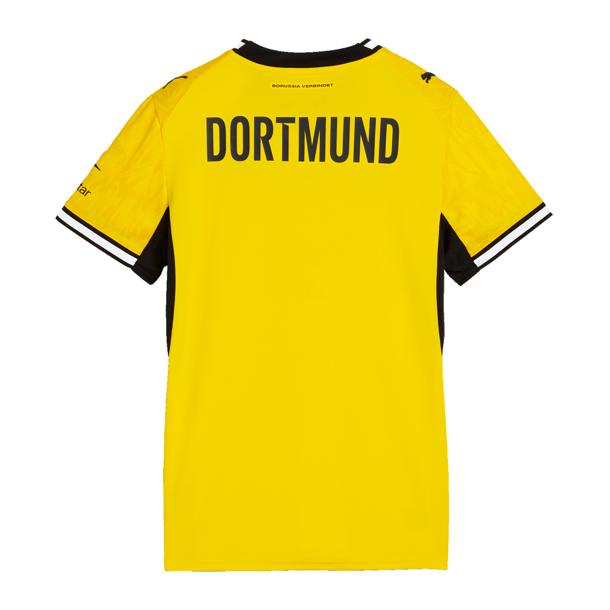 Das BVB-Heimtrikot 2026/2027 für Frauen in schwarzgelb, Rückansicht mit DORTMUND-Aufschrift, schwarzem Kragen und weißen Ärmelabschlüssen.