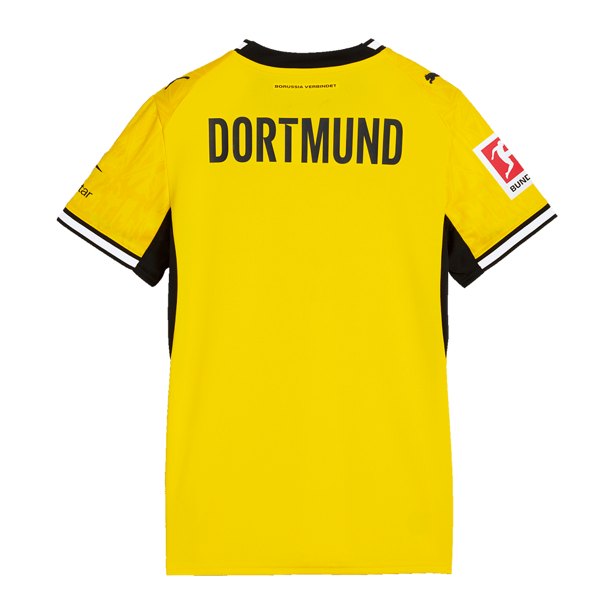 Vista trasera de la camiseta de local del BVB de la temporada 26/27 para mujer, en colores negro y amarillo, con la inscripción «DORTMUND» y los logotipos de la Bundesliga y de Puma visibles en las mangas.