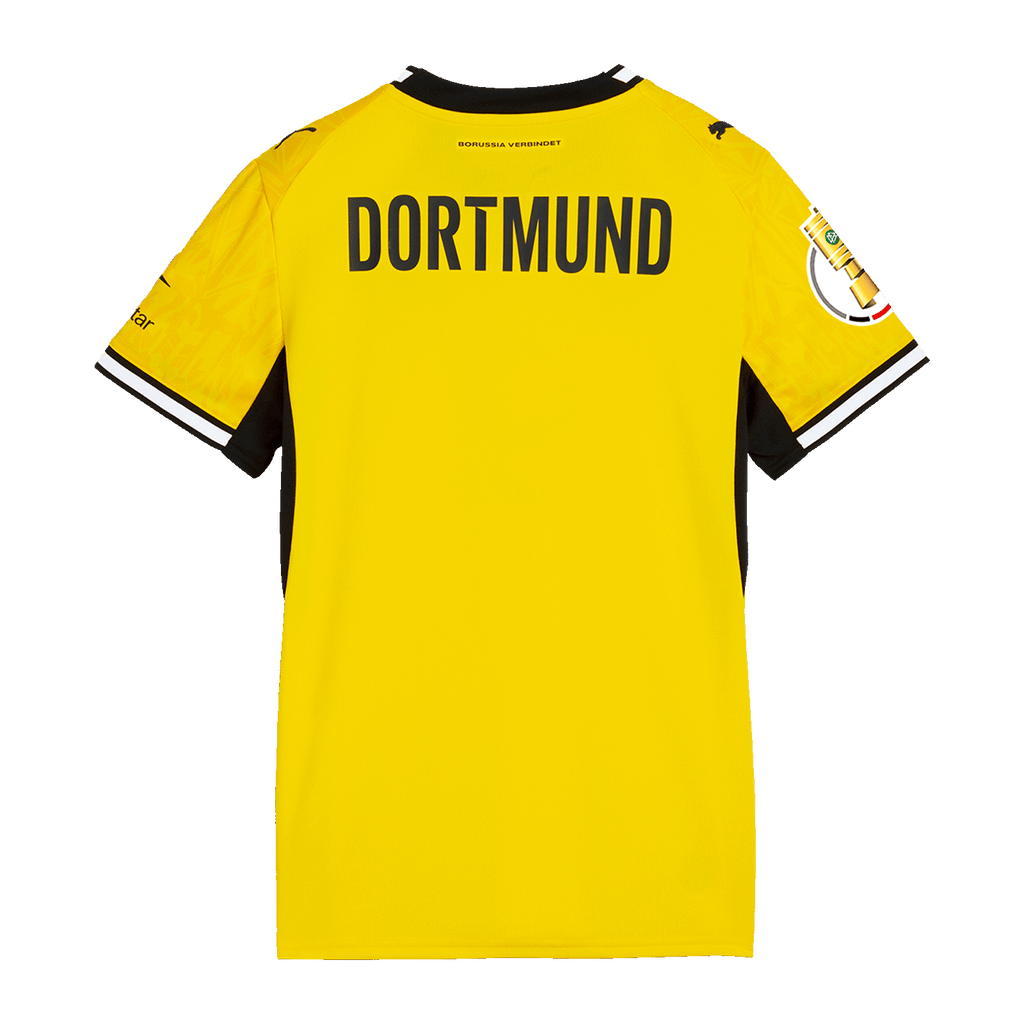 Vista trasera de la camiseta de local negra y amarilla del BVB para mujer, temporada 26-27, con la inscripción «DORTMUND» en la espalda.