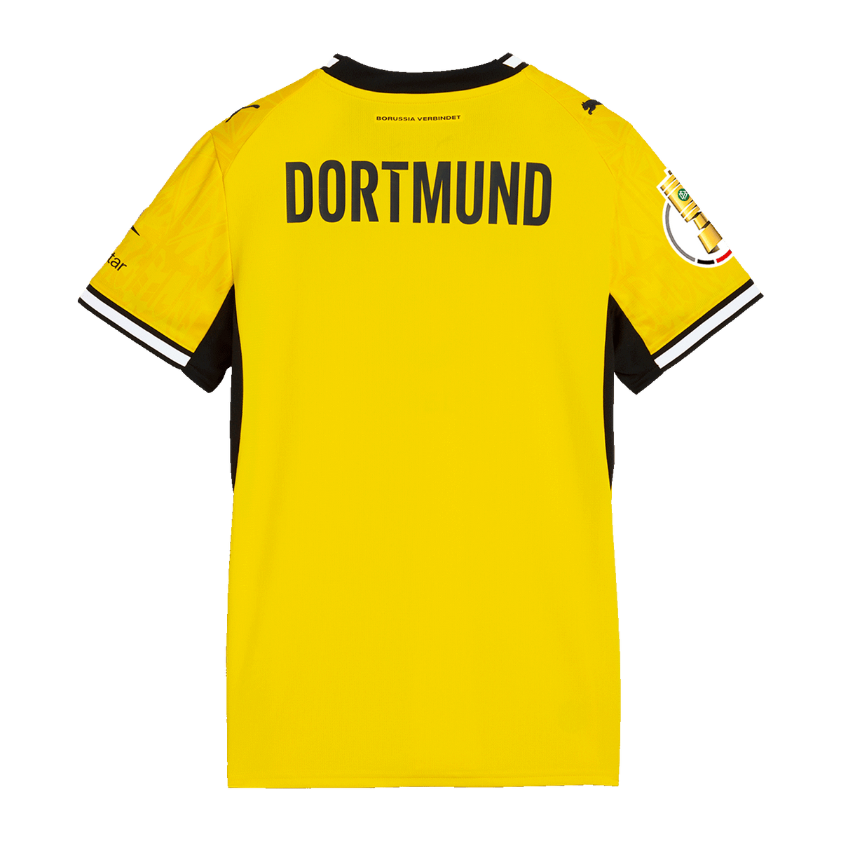 Vista trasera de la camiseta de local negra y amarilla del BVB para mujer, temporada 26-27, con la inscripción «DORTMUND» en la espalda.