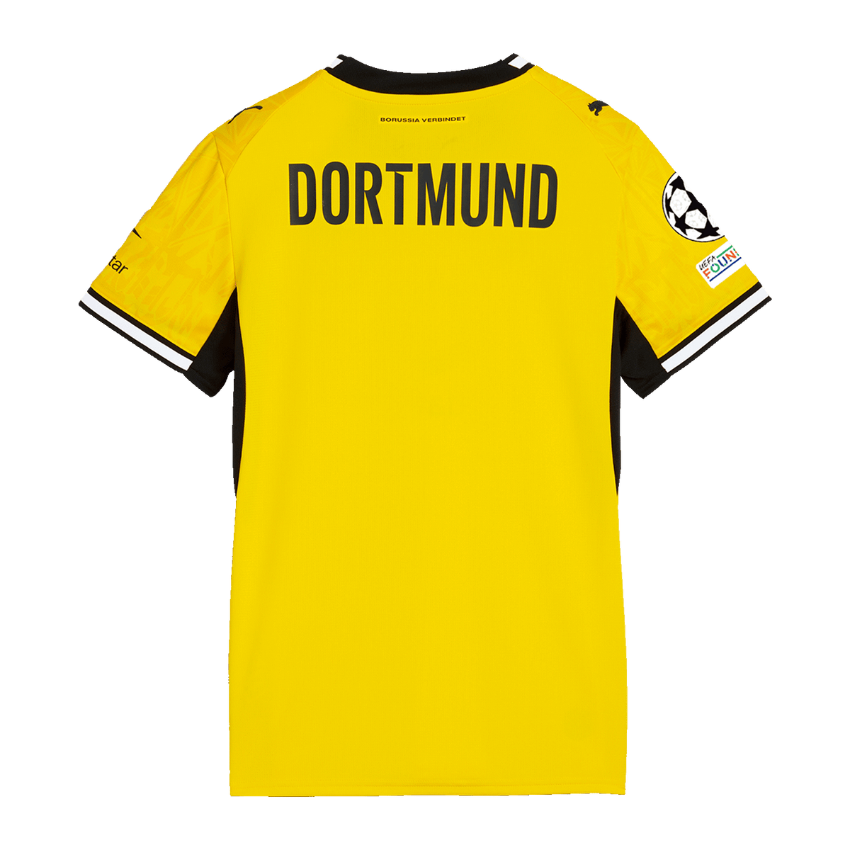 Vista trasera de la camiseta local del BVB para la temporada 2026/27 para mujer, en color amarillo con cuello negro, la inscripción «DORTMUND» y el escudo de la UEFA en la manga.