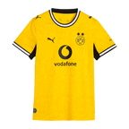 La camiseta de local del BVB 26-27 para mujer, en negro y amarillo, con el logotipo de PUMA, el escudo del BVB y el logotipo de Vodafone, de manga corta y con un diseño moderno, perfecta para las aficionadas del Borussia Dortmund.