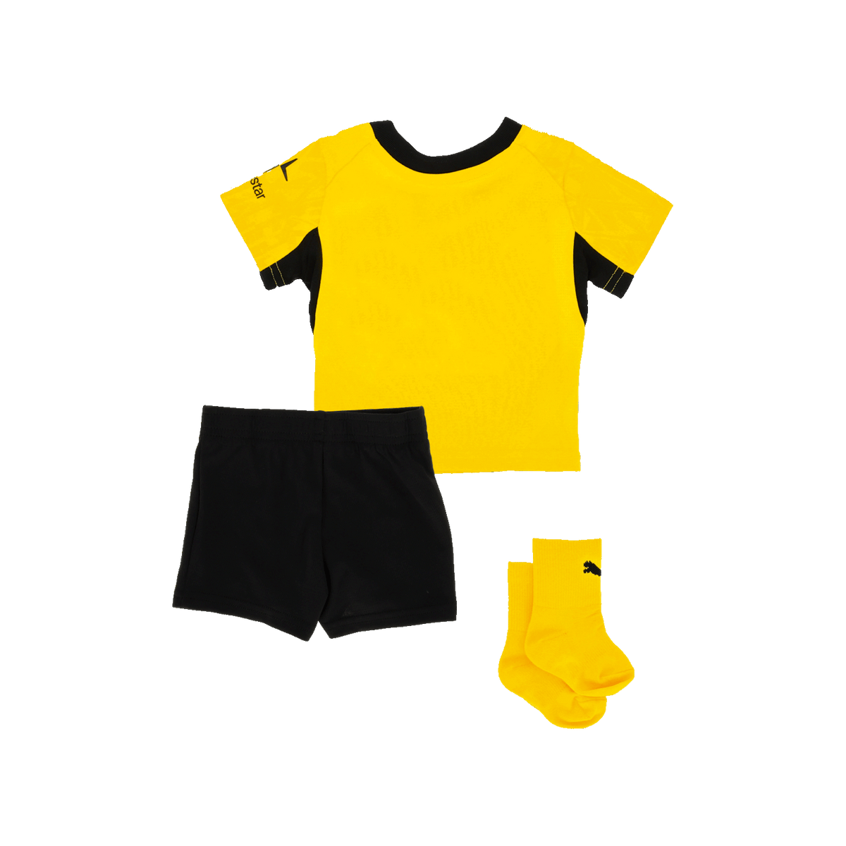 BVB jersey set for babies, consisting of a yellow and black-and-yellow home jersey (sizes 26–27), black shorts, and yellow socks—perfect for young Borussia Dortmund fans.