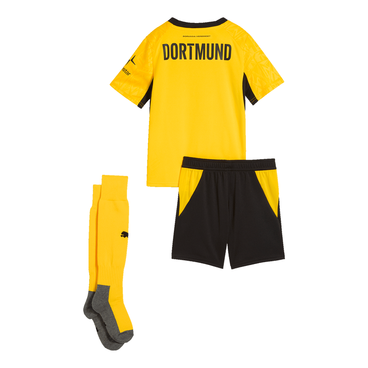 BVB-Trikotset Heim 26-27 für Kleinkinder bestehend aus schwarzgelbem Trikot mit DORTMUND-Aufschrift, passender Hose und Socken.