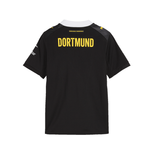 Maillot extérieur noir et jaune du BVB 2026/27 pour enfants, vue de dos avec l'inscription « DORTMUND », col blanc, logo PUMA et logo Polestar sur la manche.