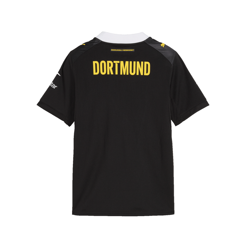 2026/27 BVB black-and-yellow away jersey for kids, back view featuring "DORTMUND" lettering, a white collar, and the PUMA and Polestar logos on the sleeve.