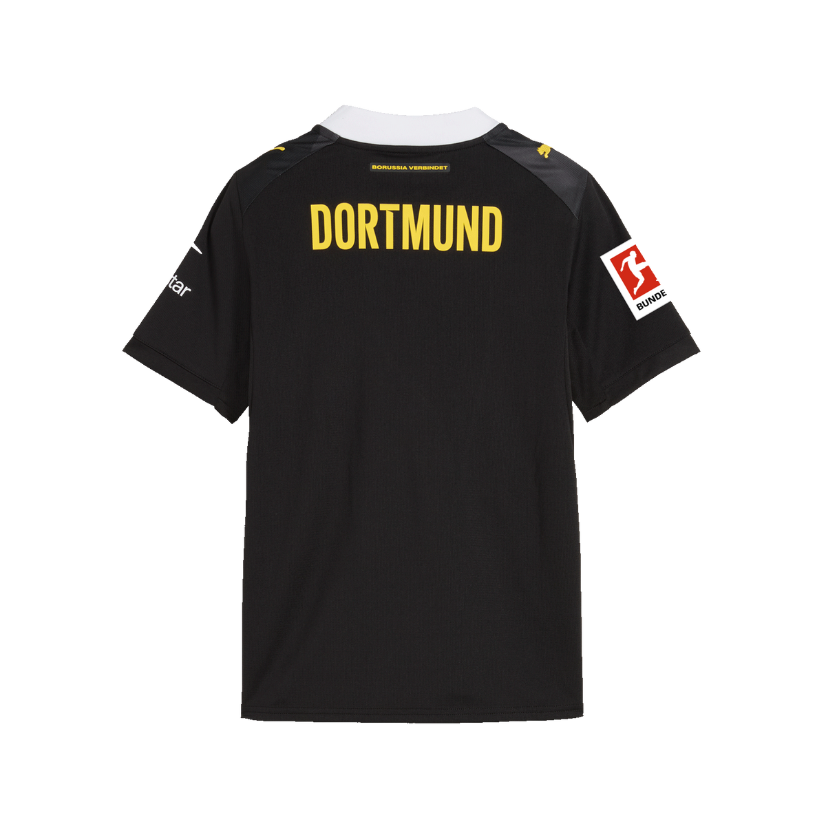 The black-and-yellow BVB 26/27 away jersey for kids, viewed from the back, featuring the "DORTMUND" inscription, the Bundesliga logo, a white collar, and the PUMA logo.