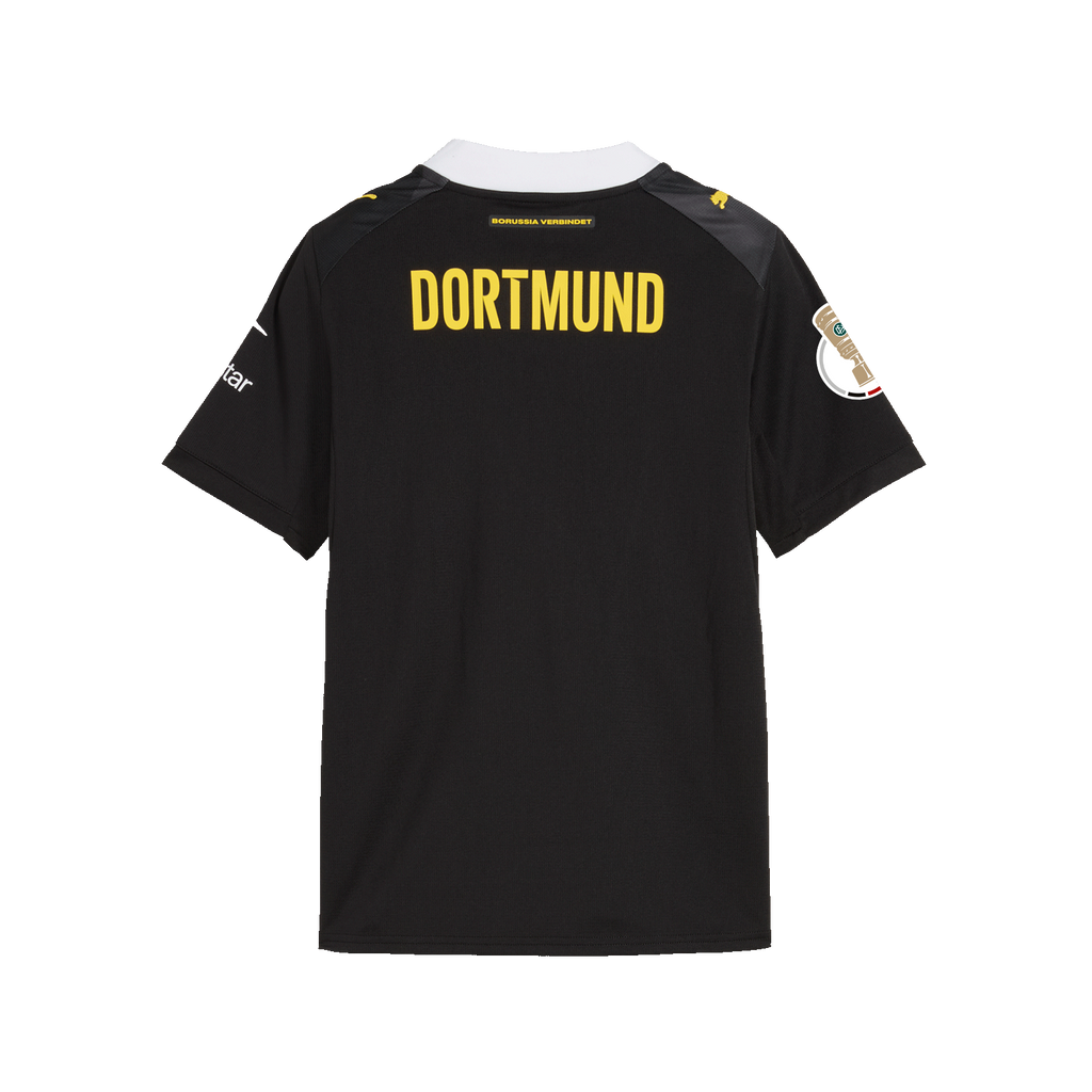 The BVB 26-27 away jersey for kids in a black-and-yellow design with "DORTMUND" lettering on the back, perfect for young fans.